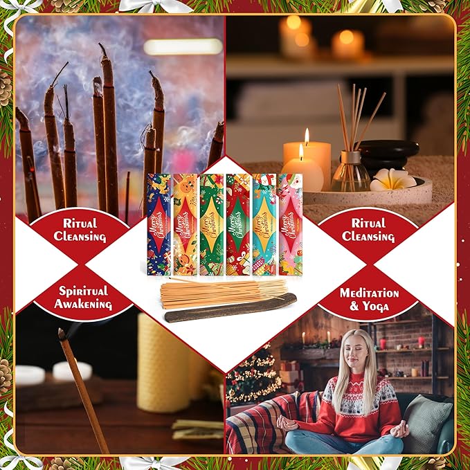 Christmas Incense Sticks, 120 Long-Burning Natural Aromatherapy Sticks with Holder - 6 Holiday Scents for Christmas Decorations