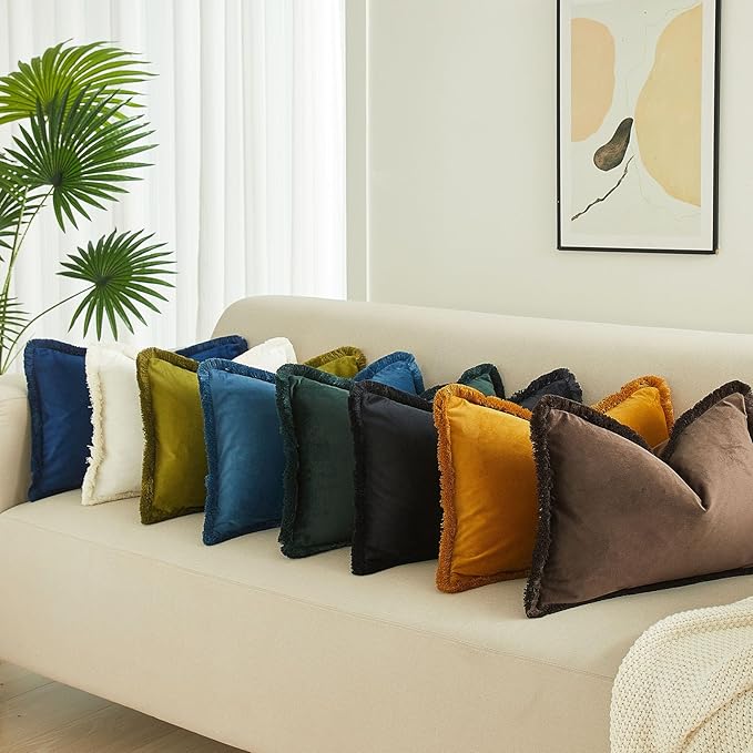 JUSPURBET Pack of 2 Navy Decorative Fringe Velvet Throw Pillow Covers 18x18 for Home Decor Living Room Bedroom Car Boho Soft Cushion Cover with Hidden Zipper Machine Washable