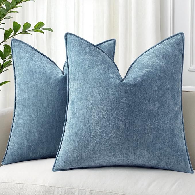 decorUhome Christmas Couch Throw Pillow Covers 26x26 Set of 2, Decorative Soft Euro Velvet Neutral Chenille Pillow Covers with Elegant Design for Sofa Bed Living Room Home Decor, Blue Grey