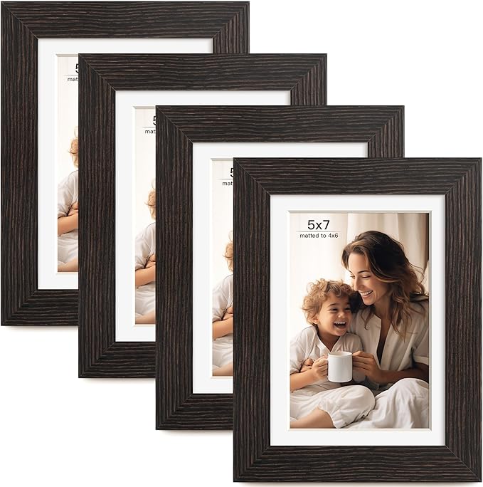 5x7 Picture Frame with Mat for 4x6, Black Wood Grain 5 x 7 Picture Frames Display on Tabletop or Wall Mounting (4 Pack,Black)