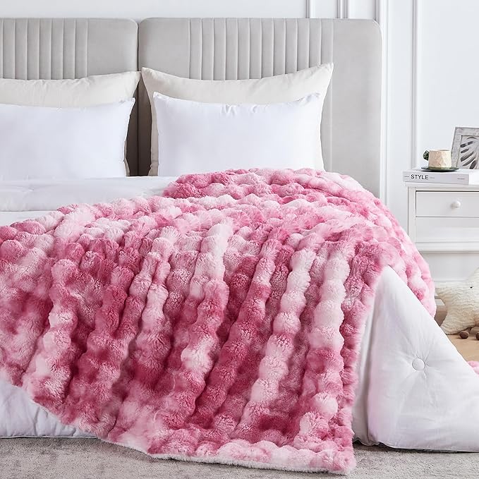 50x60 Inches Ultra-Soft Fuzzy Faux Fur Plush Throw Blanket - Thick, Warm Sherpa for Couch, Sofa, Bedroom, Camping - Decorative Blanket for Cozy Warmth, Bubble Pink Tie Dye