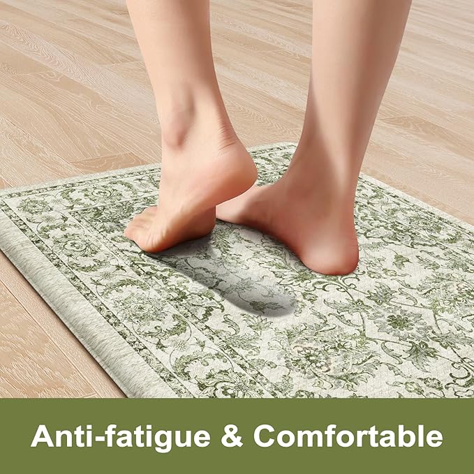 KIMODE Kitchen Mats Cushioned Anti Fatigue 2 PCS, Boho Kitchen Mats Stain Resistant, Standing Kitchen Runner Rug, Non Slip Waterproof Kitchen Sink Floor Mat, 17.3"x59"+17.3"x29", Green