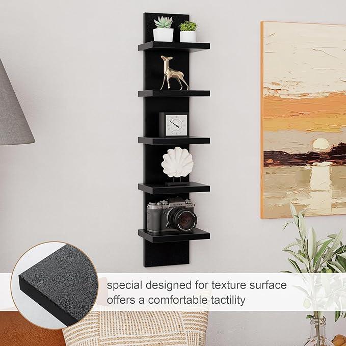 Fun Memories 5 Tier Wall Shelf Unit, Decorative Wall Mount Vertical Shelving, Floating Storage Home Decor Organizer Tall Tower Design Utility Shelving Bedroom Living Room, Black