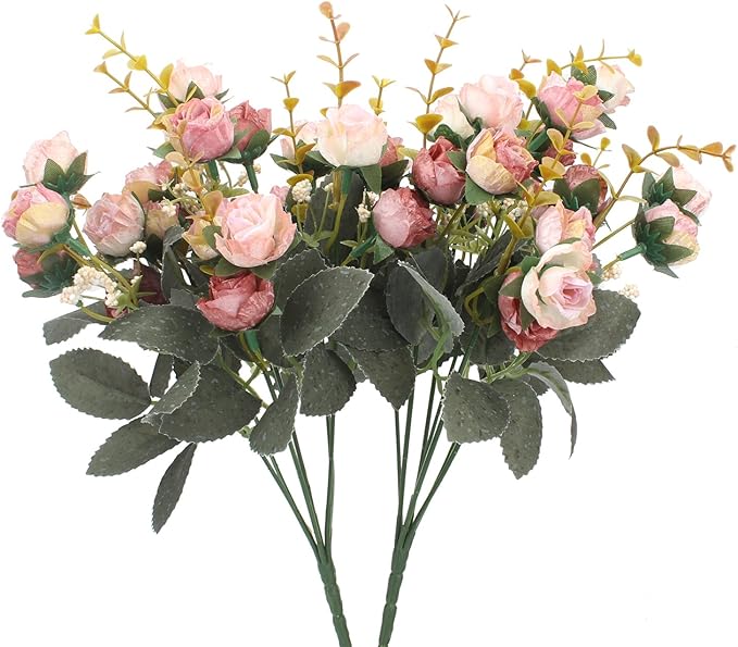 Duovlo 7 Branch 21 Mini Rose Heads Artificial Flowers Bouquet Wedding Home Office Decor,Pack of 2 (2 PCS Pink)