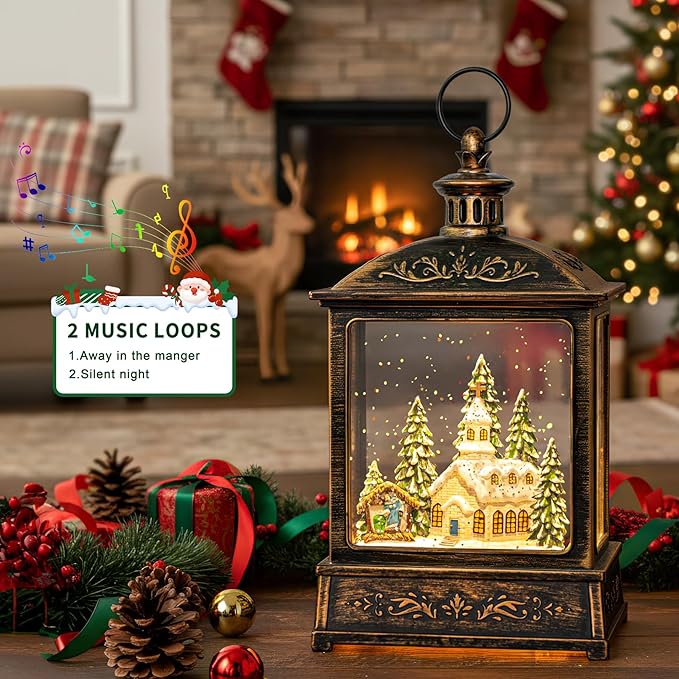 Christmas Snow Globe Lantern Water Glittering Churche & Manger Scene with Music & Timer, USB Lined/Battery Operated Lighted Lantern for Christmas Festival Decoration Gifts