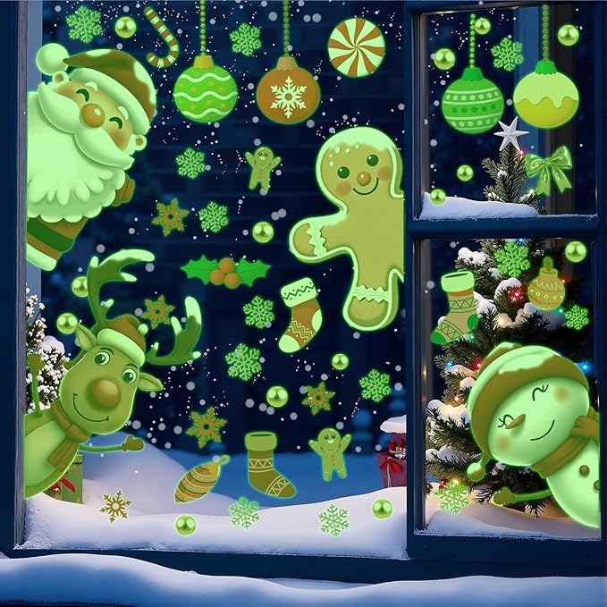 Merry Christmas Luminous Window Sticker,Christmas Window Decorations,Xmas Luminous Decoration,Winter Snowman Window Clings,Snowflake Santa Claus Reindeer Wall Decals for Home Party Office Room