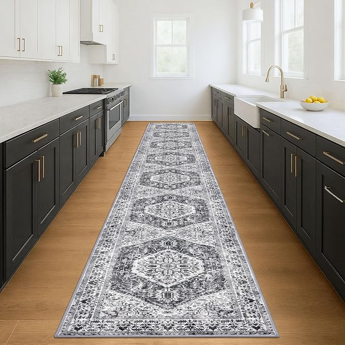 KOZYFLY Runners for Hallways 3x18 Ft Extra Long Washable Kitchen Thin Runner Rug Boho Runner Rug for Entryway Indoor Printed Faux Wool Stair Floor Carpet for Stair Kitchen Hall, Grey