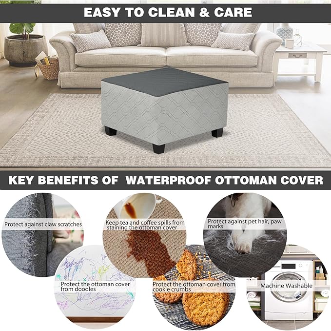 Ottoman Cover Square,Waterproof Square Ottoman Covers Thick Slipcover for Living Room,Washable Storage Footstool Furniture Protector for Dogs,Pets,Dark Grey,Large