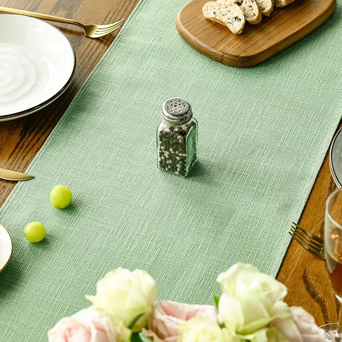 Artoid Mode Sage Green Tassel Table Runner, Spring Linen Blend Kitchen Table Decoration Holiday Wedding Birthday Party Dinning Decor 13x90 Inch