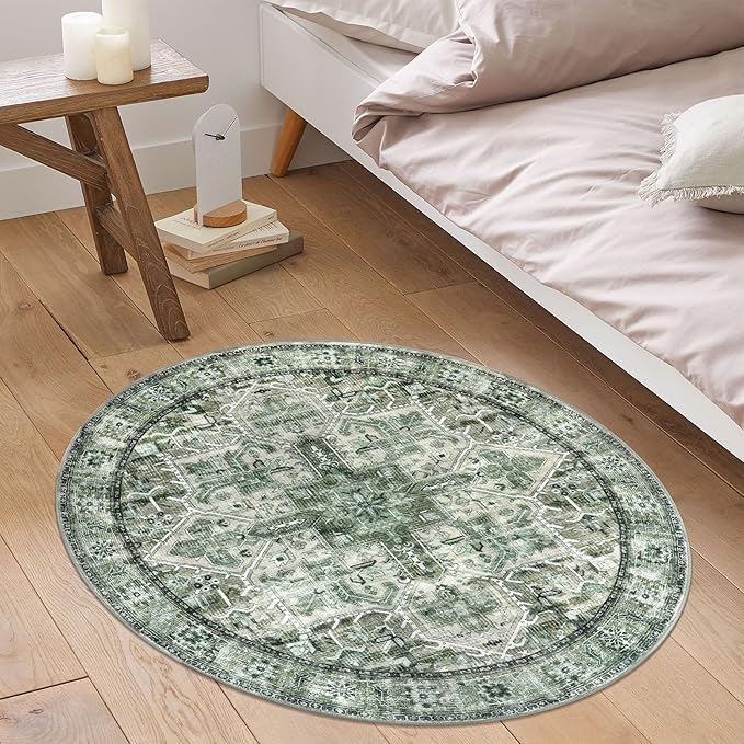 3' Round Washable Rug for Entryway, Green Soft Printed Area Rug, Non-Slip Kitchen Rugs, Low-Pile Medallion Indoor Door Mat, Small Farmhouse Carpet for Entrance Kitchen Foyer Bedside