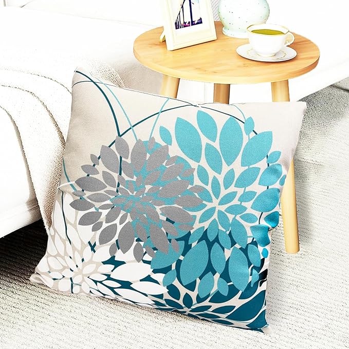 Decorative Throw Pillow Covers Set of 2 Teal Blue Pillow Covers 20x20 inch Linen Square Pillow Cases,Farmhouse Modern Geometric Floral Outdoor Pillow Cover for Couch Sofa Living Room Bedroom