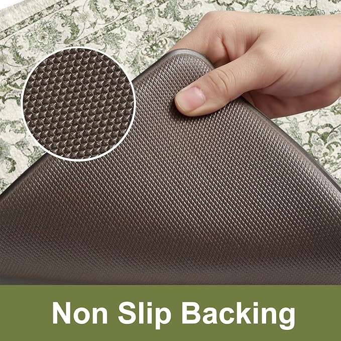 KIMODE Anti Fatigue Mats for Kitchen Floor Non Slip,Boho Vintage Floral Rugs Sets of 2,Cushioned Carpet Non Slip for Laundry,Wide Memory Foam Runner for Sink Office,Green 20"x47"+20"x32"