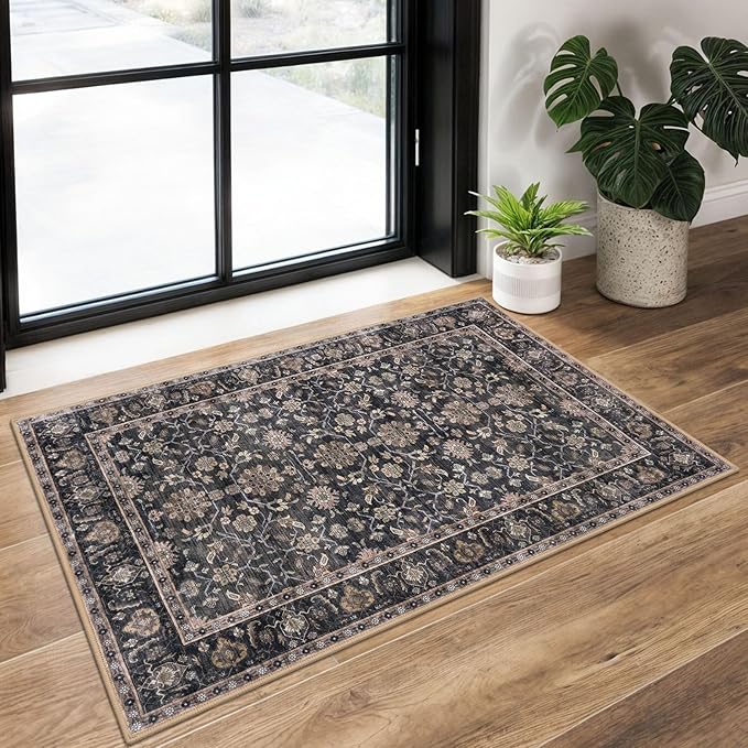 KUTA Vintage Floral Entryway Rug 2x3, Kitchen Rugs Non-Slip Washable Throw Rug, Brown Ultra Thin Soft Print Front Door Mat Indoor Doormat for Entrance, Bedside, or Small Spaces