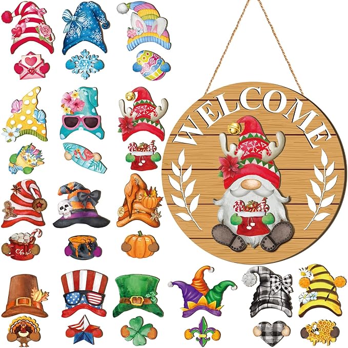 Qunclay Interchangeable Wooden Gnome Decor Holiday Seasonal Gnome Decorations with Magnet Pieces and Detachable Hats Changeable Welcome Sign for Home(Fresh Style)