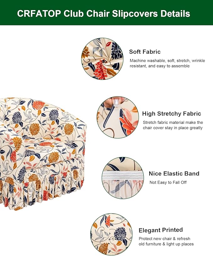 CRFATOP 2 Piece Club Chair Slipcover with Skirt Printed Tub Armchair Covers with Seat Cushion Cover Soft Printed Round Barrel Furniture Protector for Bar Counter Living Room,C16