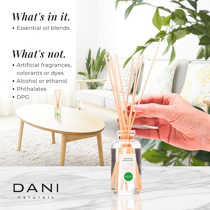 DANI Naturals Reed Diffuser Set -Bamboo Bergamot Scent - Aromatherapy Essential Oils, Alcohol-Free - 10 Sticks, 3.5 oz