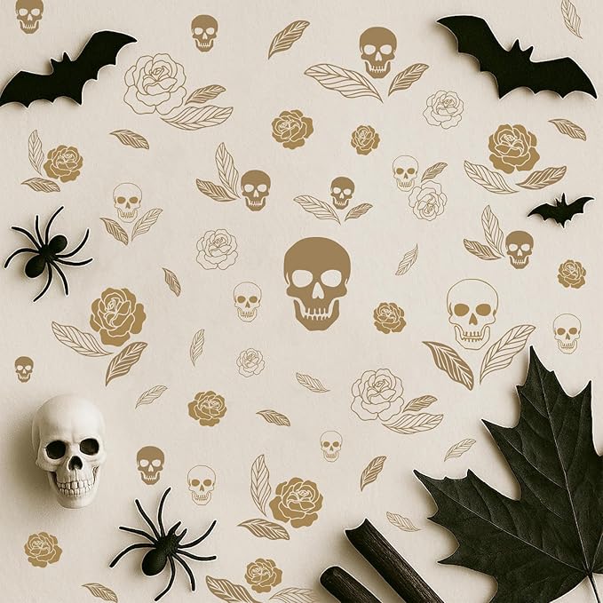 Skull and Rose Halloween Wall Decals,Floral Wall Stickers,Removable Skull Halloween Wall Stickers,Gothic Wall Decals,Suitable for Bedrooms,Living Rooms,Party Scenes,Kindergartens
