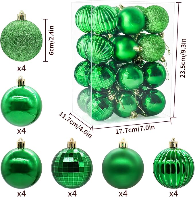 24ct Christmas Balls Ornaments, 2.36 Inch Christmas Tree Balls Ornaments, Decorative Baubles Decorations for Xmas Tree Decor Holiday Party, Green