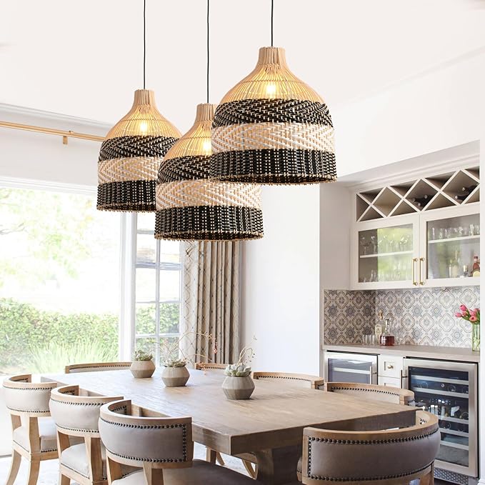 Rattan Pendant Light 1-Pack Black White Faux Rattan Basket Chandelier 11.8" Boho Handmade Woven Oval Wicker Hanging Light Fixture for Public Place Dining Living Bedroom Kitchen