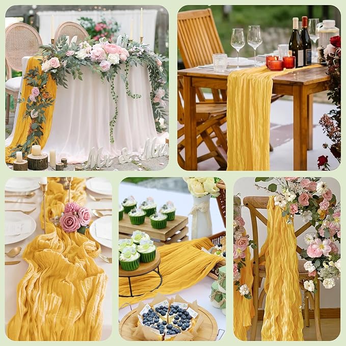 Table Runner Cheesecloth 10FT Gold Boho Gauze Cheese Cloth Rustic Sheer Table Runners for Wedding Bridal Baby Shower Party Decoration