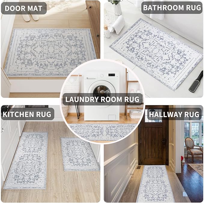 Vintage Runner Rug Non Slip for Hallway Bathroom Kitchen 2x8 ft, Ultra Soft Boho Carpet Runner with Low Pile Design Machine Washable Runner Rugs for Entryway Laundry Living Room (Grey)