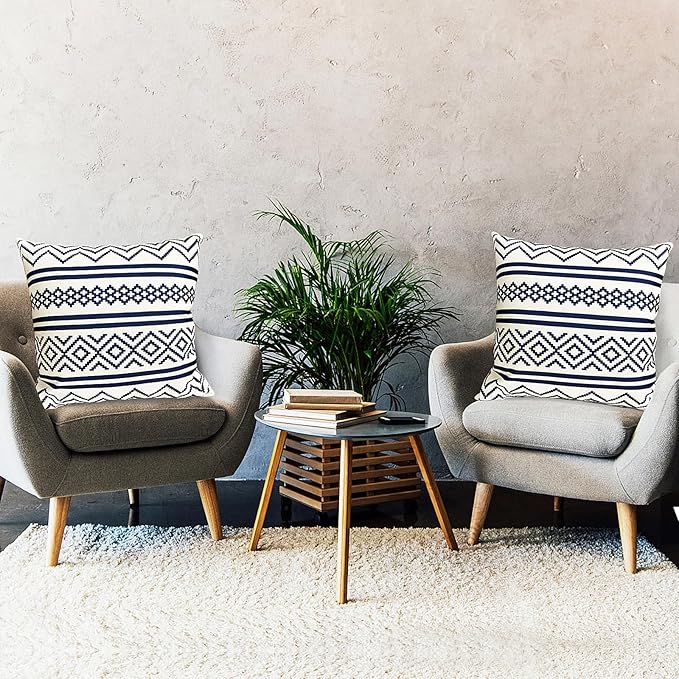 Decorative Throw Pillow Covers Set of 2 Blue Boho Pillow Covers 20x20 Inch Throw Pillow Cover Linen Pillowcase Modern Farmhouse Outdoor Pillow Covers for Couch Sofa Bed Living Room