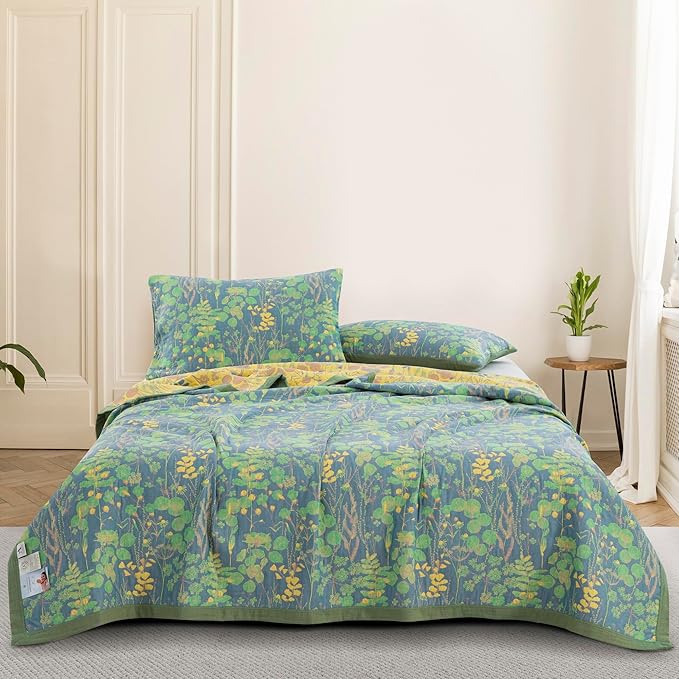 100% Cotton Muslin Botanical Blanket Jacquard Floral Plants Pattern Quilt, Soft Bed Cover Lightweight Breathable Gauzy Reversible Bedspread Coverlet Bedding Twin(59"x94"), No Pillow Sham