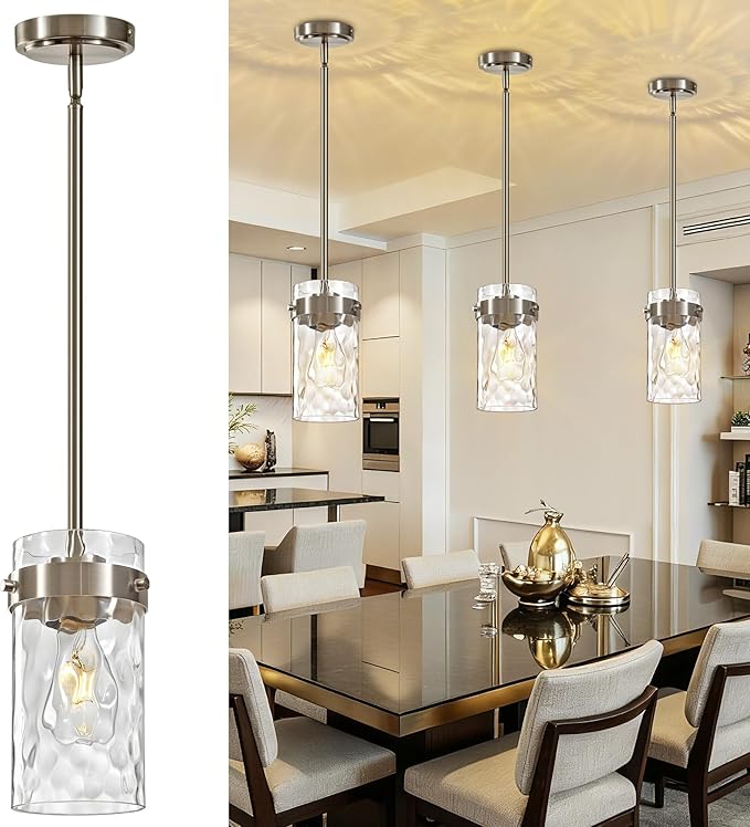 4.72" Hammered Glass Pendant Lighting for Kitchen Island 1 Pack, Modern Brushed Nickel Pendant Light Fixtures, Adjustable Ceiling Pendant Light for Kitchen Island Dining Room Bedroom Hallway