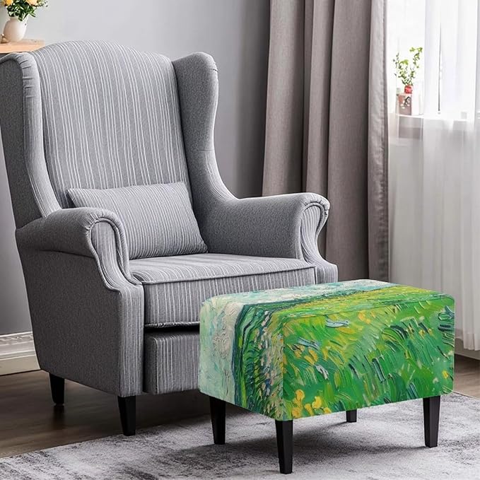 Small Ottoman Cover, Van Gogh Wheat Field Oil Painting Rectangle Ottoman Slipcover 30x24x15 Inch Form Fit Elastic Protector Covers for Foot Stool Folding Storage Furniture