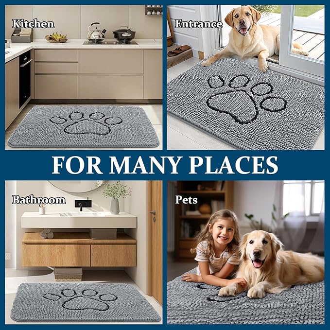 OLANLY Dog Door Mat for Muddy Paws 30x20, Paw Print Design, Absorbs Moisture and Dirt, Absorbent Non-Slip Washable Doormat, Quick Dry Chenille Mud Mat for Dogs, Entry Indoor Entryway Carpet, Grey