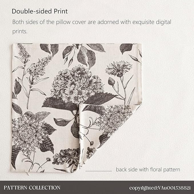 Foindtower Set of 2 Linen Floral Vintage Throw Pillow Covers Neutral Accent Print Decorative Cushion Covers Farmhouse Boho Home Decor for Sofa Chair Couch Bedroom Living Room,22×22 Inch,Black