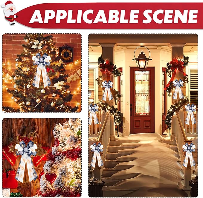 Hying Large LED Christmas Bows for Wreath, Merry Christmas LED Wreath Bow White Snow Burlap Bows with LED Lights Xmas Tree Topper Bows for Front Door Happy New Year Christmas Party Decoration Supplies