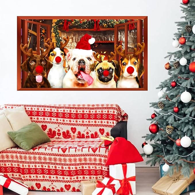 Christmas Dog Wall Decor 3D Xmas Fake Window Wall Decals Mural Merry Christmas Puppy Dog Wall Stickers Winter Holiday Faux Window Decal Party Decorations Cute Funny Dogs Decals Party Supplies