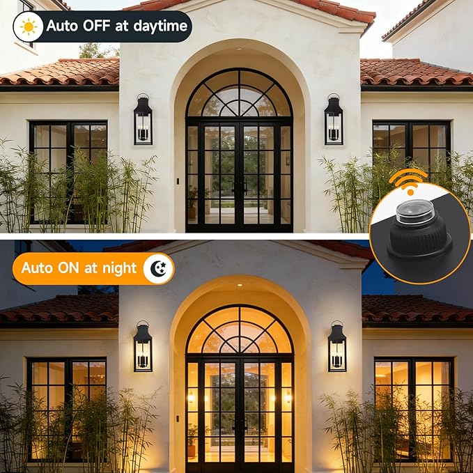 tewei 25'' Dusk to Dawn Outdoor Wall Light, Large Black Outdoor Porch Light Waterproof Patio Lanterns, Exterior Wall Mount Lighting Fixtures, 4-Light Outside Garage Sconces for House Front, 1-Pack