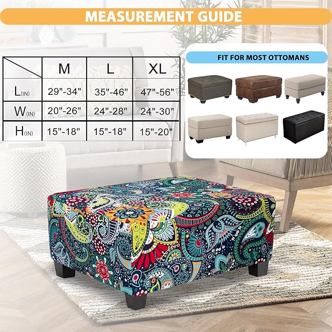 Ottoman Cover Rectangle Printed,Stretch Slipcover for Rectangular Footstool,Soft Fabric with Non-Slip Elastic Bottom,Decorative Furniture Protector for Living Room,Large,Navy & Green