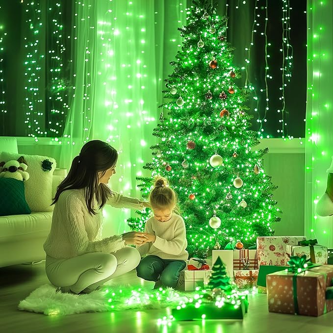 JMEXSUSS 400 LED Green Christmas Lights Indoor Outdoor, 132ft String Lights Plug in with Remote, 8 Modes Clear Wire Christmas Tree Lights for Room Garden Patio Outside Party Xmas Tree Decor