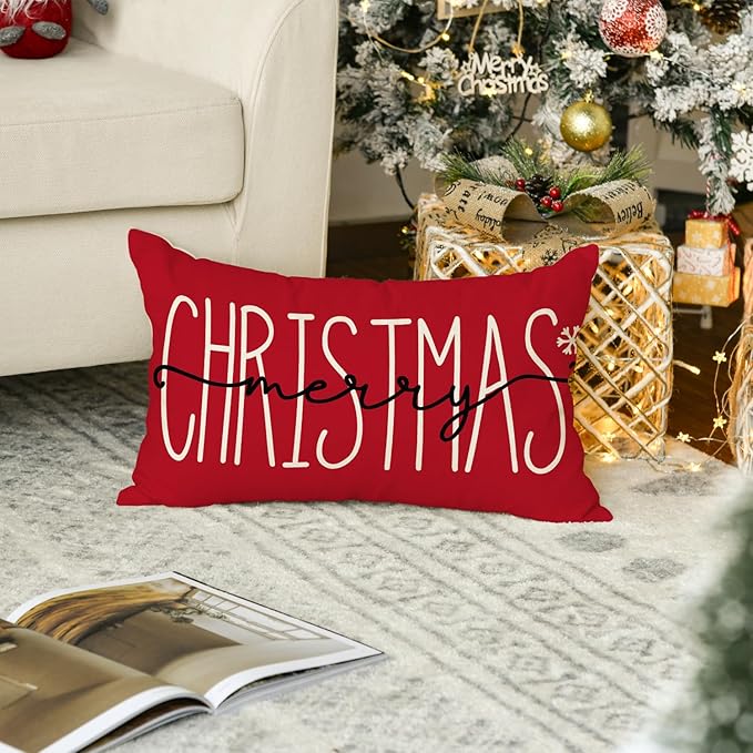 AVOIN colorlife Merry Christmas Red Throw Pillow Cover, 12 x 20 Inch Winter Holiday Cushion Case Decoration for Sofa Couch