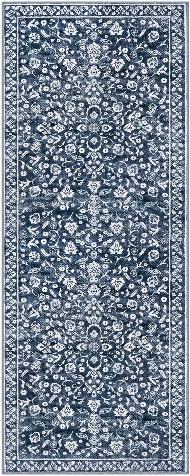 Vintage 2x7 Runner Rug, Navy Washable Runners for hallways, Super Soft Kitchen Runner Rug Non Slip, Print Faux Wool Floral Thin Carpet Runner for Entryway Indoor Bedside Runner