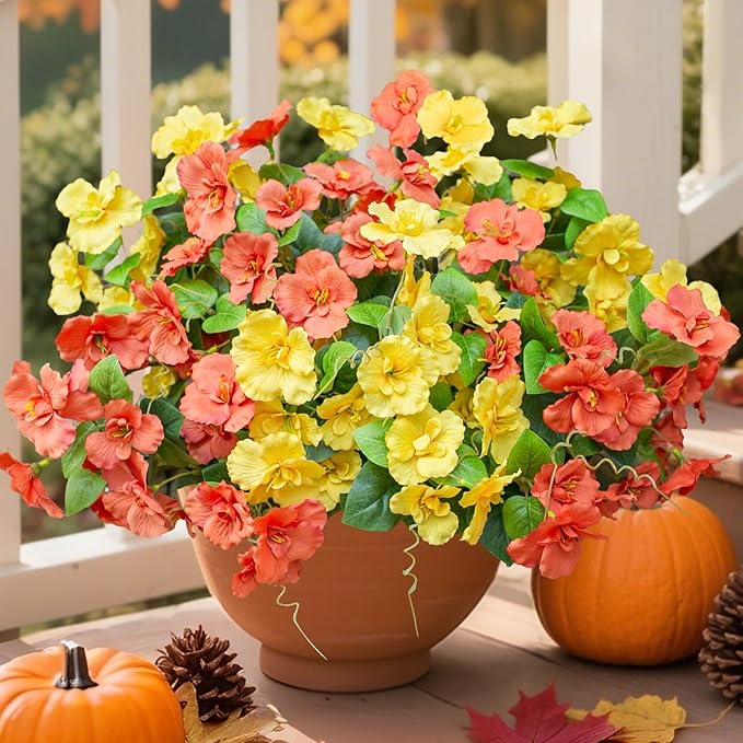 Hibiscus Artificial Flowers Plants for Outdoors Decoration, 6 Bundles Silk Tropical Flowers Artificial Realistic UV Resistant Fake Flower for Outside Planter Porch Patio Balcony (Yellow Orange)
