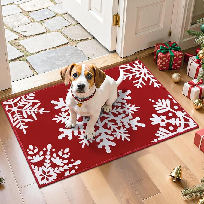 HEBE Christmas Area Rug - 2'x3' Non Slip Boho Red Snow Rugs for Living Room, Washable Soft Area Rugs for Bedroom Christmas Low Pile Indoor Floor Carpet for Entryway Xmas Holiday Decor