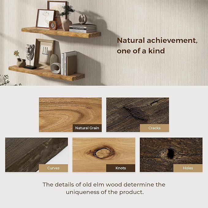 Dreamland Wood Floating Shelves 36 Inch Long, Rustic Solid Elm Wood Live Edge Shelves for Home Decor, 8 Inch Deep Wall Shelf for Living Room Bathroom Bedroom Kitchen, Natural Color, Set of 2