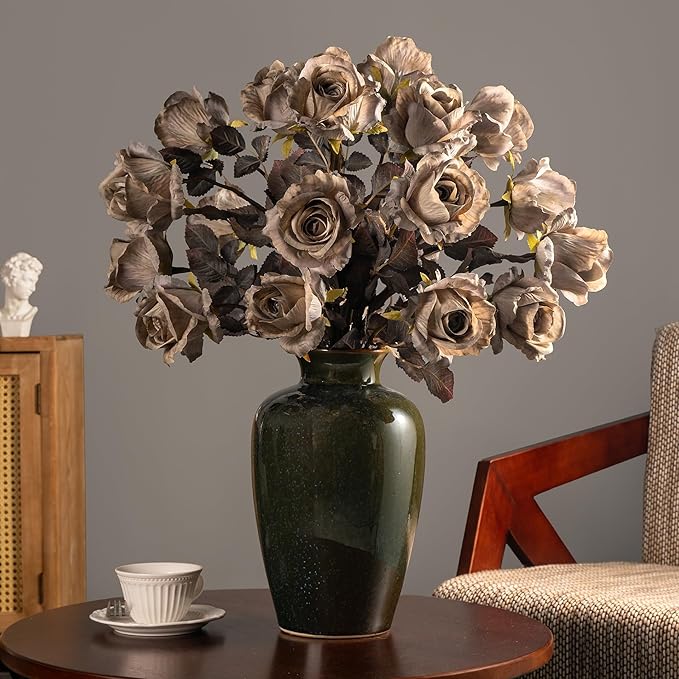 Artificial Flowers Artificial Roses Fake Roses 23.2In Long Stem Artificial Flowers for Tall Vase Silk Rose 20PCS Suitable for Indoor Decor Wedding Party Decoration DIY Bouquet Autumn (Brown)