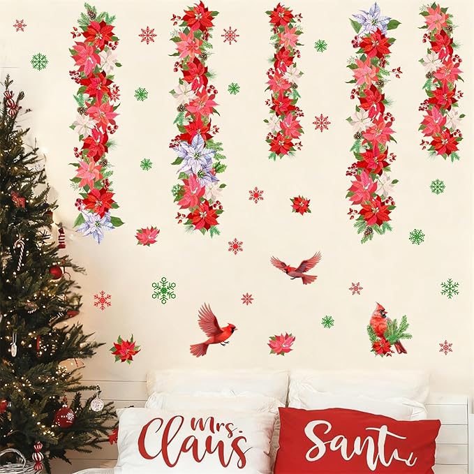 Christmas Wall Sticker Christmas Wall Decals Peel and Stick Double Sided Xmas Window Decal Indoor Art Murals Hanging Floral Cardinal Snowflakes Sticker for Door Holiday Home New Year Party Supplies