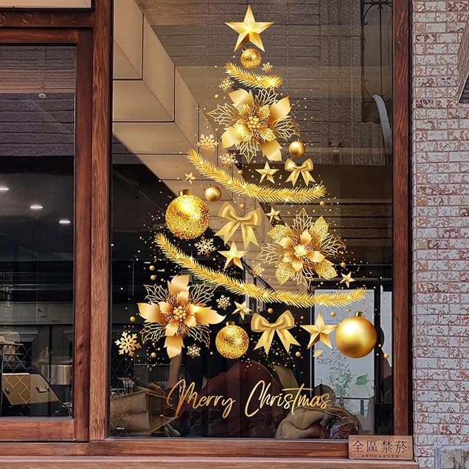 Large Gold Christmas Tree Window Clings Stickers for Glass Whole Large Xmas Stickers New Years Decals DIY Static Wall Window Door Mural Showcase Decal Sticker-15.7 * 23.6 in (1 Pack)