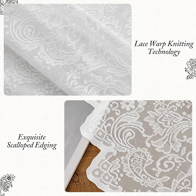 Pure White Lace Semi-Sheer Curtains 2 Panels – Vintage Floral Lace for Bedroom/Kitchen, Privacy Light Filtering Rod Pocket Window Drapes, Elegant Chic Window Treatments, 52W x 45L Inch