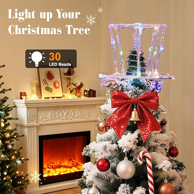 Lewondr Christmas Tree Topper Hat, 9.45" Epoxy Hat Xmas Tree Topper with 40 Color LED Bulbs, 6 Hrs Timer and 8 Light Modes USB Remote Control, Christmas Treetop Decor for Home Holiday, Silver