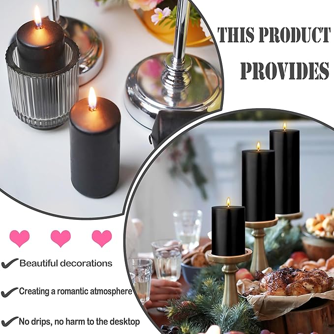36 Pcs Black Pillar Candles Bulk Set，Hurricane Candles，3 Different Lengths (6 Each)，Dripless Unscented Smokeless，Gives You a Better Atmosphere When Organizing Wedding or Event Party.