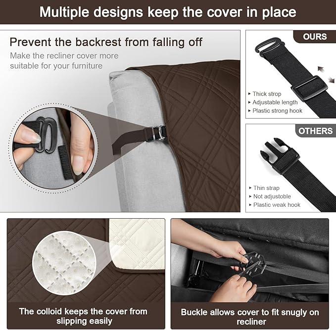 TAOCOCO 100% Waterproof Recliner Chair Covers, Non Slip Recliner Covers for Recliner Chair with Pocket, Washable Reclining Chair Cover Furniture Protector for Kids,Dogs(25'', Chocolate)
