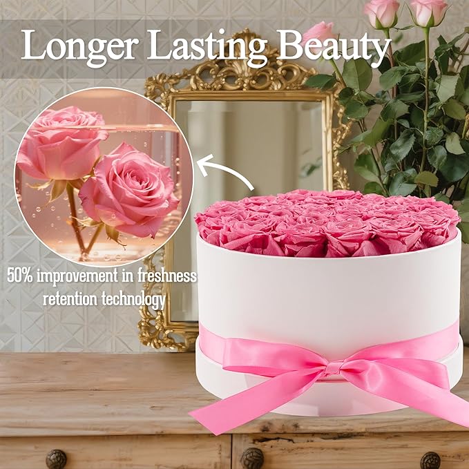 27 Forever Roses in Luxury White Box, Eternal Real Roses Gift for Women, Preserved Flowers for Delivery Prime, Anniversary, Valentine's Day, Birthday for Her (Pink)