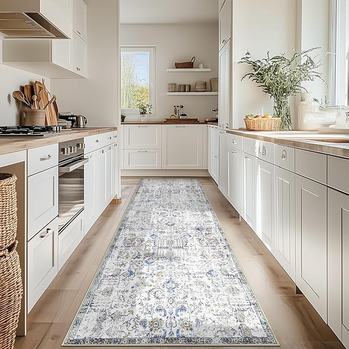 jinchan Kalen Runner Rug 3x10 Washable Hallway Rug Vintage Runner Indoor Floor Cover Thin Retro Distressed Floral Country Non Slip Carpet for Entryway Bathroom Bedroom Living Room Stairway Blue